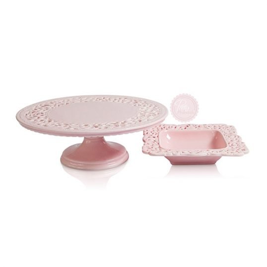 pink cake stand and bowl hire