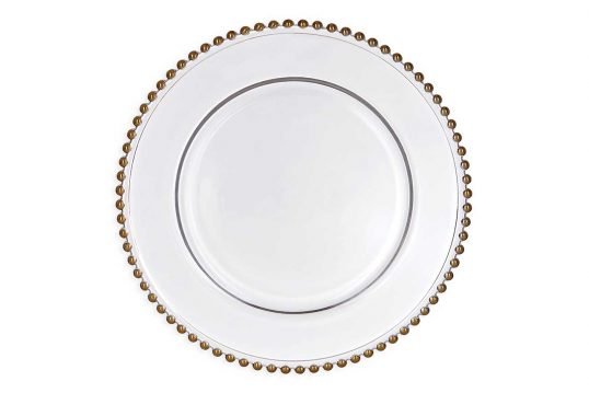 gold beaded charger plate hire